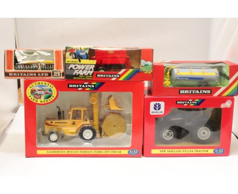 FIVE BRITAINS 1:32 SCALE MODELS TO INCLUDE A SANDERSON ROUGH TERRAIN FORKLIFT TRUCK, A NEW HOLLAND TS135A TRACTOR, ADISC HARR