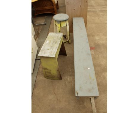 A PAINTED BENCH 67" LONG AND TWO PAINTED STOOLS