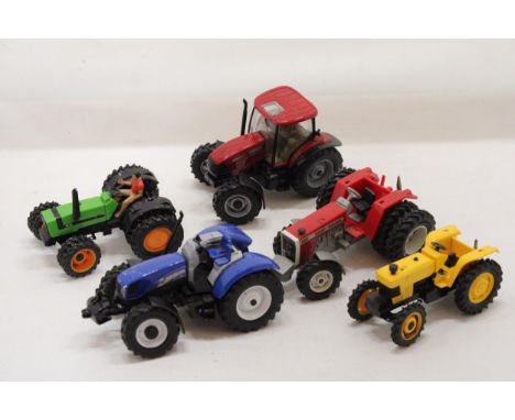 SIX BRITAINS MODEL TRACTORS TO INCLUDE A FIAT, A DX 92, A YELLOW TRACTOR, A CASE 110, A FORD NEW HOLLAND AND A MASSEY FERGUSO