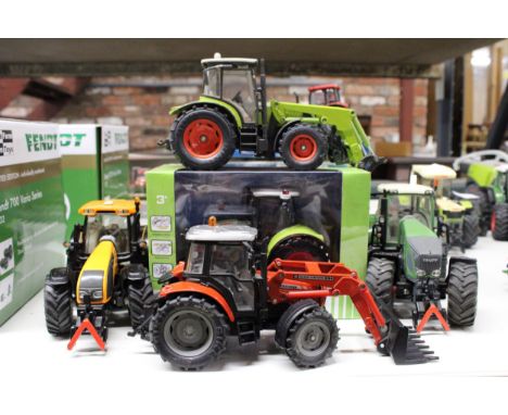 FIVE SIKU 1:32 SCALE FARM TRACTORS TO INCLUDE A CLAAS ARION 540 (AS NEW IN BOX), A VALTRA, A CLAAS 697ATZ, A FENDT 936 AND A 