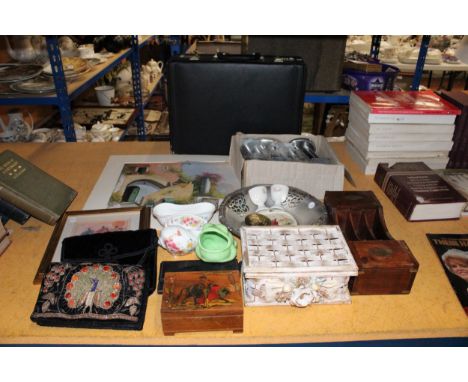 A MIXED LOT TO INCLUDE A POOLE POTTERY SHELL, THREE VINTAGE PURSES, A CONTINENTAL PAINTING,PLUS  A VINTAGE SUITCASE ETC