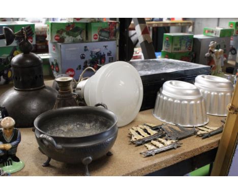 A METAL HANGING CEILING LIGHT, A SPOTLIGHT, JELLY MOULDS, A DEEDS BOX, METAL BOATS, ETC