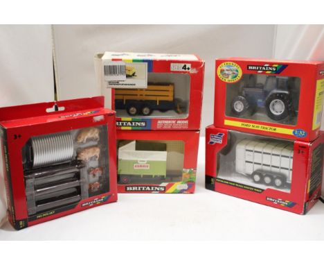 FIVE BRITAINS 1:32 SCALE MODELS TO INCLUDE A FORD 5610 TRACTOR, AN IFOR WILLIAMS TA510T LVESTOCK TRAILER, AN ANIMAL TRAILER, 