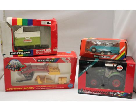 FOUR BRITAINS 1:32 SCALE MODELS TO INCLUDE A FENDT 828 VARIO TRACTOR, A FRONT LOADER SYSTEM, A CLAAS TIPPING SILAGE TRAILER A