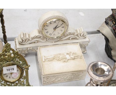 A ROMAN/GREEK STYLE QUARTZ MANTLE CLOCK TOGETHER WITH A TRINKET BOX