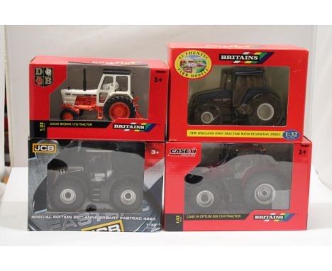 FOUR BRITAINS 1:32 SCALE MODELS TO INCLUDE A CASE IH OPTUM 300 CVX TRACTOR, A JCB SPECIAL EDITION 25TH ANNIVERSARY FASTRAC 42