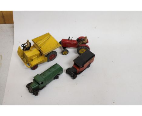FOUR VINTAGE DINKY TOYS TO INCLUDE A MUIR-HILL DUMPER, AMASSEY-HARRIS TRACTOR, A ROYAL MAIL VAN AND A FORDSON PETROL TANKER