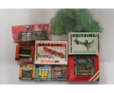 NINE ITEMS OF BRITAINS FARM ACCESSORIES FROM THE 1960'S AND 70'S TO INCLUDE A MULEDOZER, A GATE, TREES, ACROBAT HIGH SPEED RA