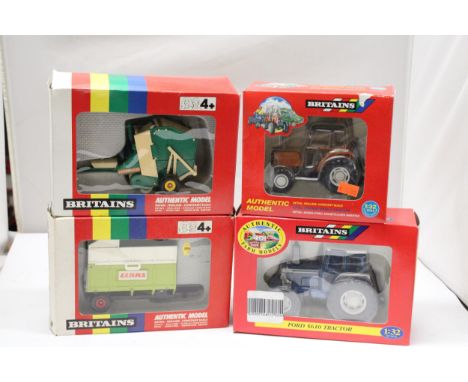 FOUR BRITAINS 1:32 SCALE MODELS TO INCLUDE, A FORD 5610 TRACTOR, A RENAULT 70-14 TRACTOR, A ROUND BALER AND A CLAAS TIPPING S