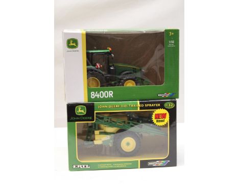 TWO BRITAINS 1:32 SCALE MODELS TO INCLUDE A JOHN DEERE 8400R AND A JOHN DEERE 840i TRAILED SPRAYER - BOTH AS NEW IN BOXES