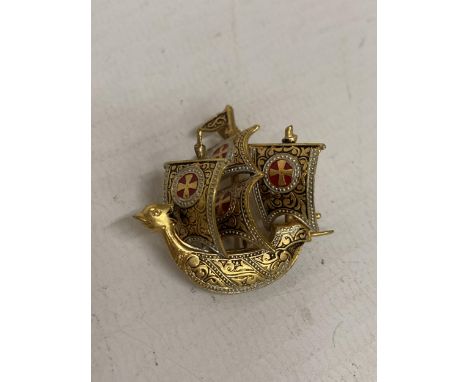 A VINTAGE DOMASCENE GALLEON SHIP BROOCH