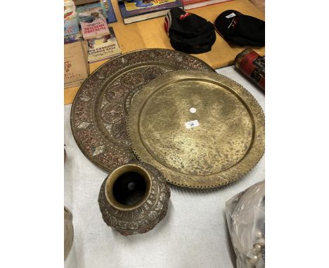 AN INDIAN BRONZE CELEBRATION POT DEPICTING DIWALI DEITIES, GANESHA, LAKSHMI AND OTHERS TOGETHER WITH BRASS ORNATE INDIAN STYL