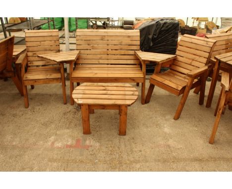 AN AS NEW EX DISPLAY CHARLES TAYLOR PATIO FURNITURE SET COMPRISING OF A TWO SEATER BENCH, TWO CHAIRS, A COFFEE TABLE AND TWO 