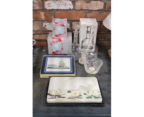 A BOXED ROYAL BOTANIC GARDENS, KEW 'SOUTHBOURNE ROSE TEAPOT AND MUG, TWO DECANTERS TO INCLUDE A BOXED DARTINGTON, A SCENT BOT