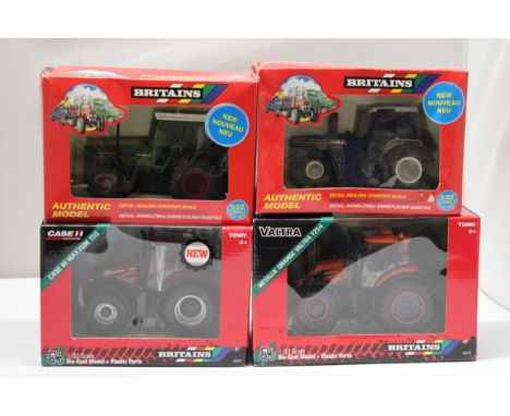 FOUR BRITAINS 1:32 SCALE MODELS TO INCLUDE, A FENDT 615 LSA TRACTOR WITH FLOTATION TYRES, A VALTRA METALLIC ORANGE T254, A CA