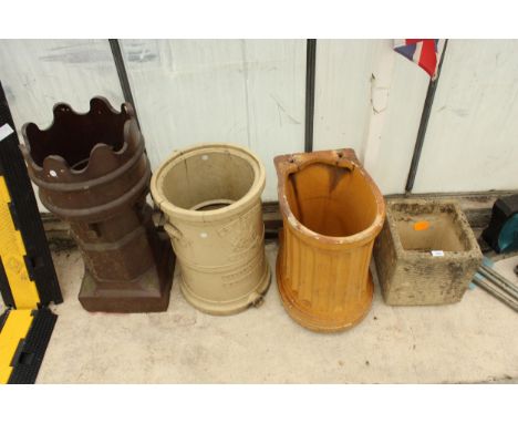 FOUR VARIOUS GARDEN  ITEMS TO INCLUDE A PLANTER AND A CHIMNEY POT ETC