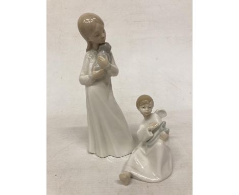 TWO NAO FIGURES OF A CHILD PLAYING A HARP AND A GIRL WITH A DOG