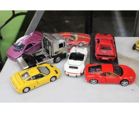 SEVEN DIE-CAST 1/24 SCALE SUPER CAR MODELS PLUS ONE TRUCK TO INCLUDE FERRARI, LAMBORGHINI, PORSCHE, ETC