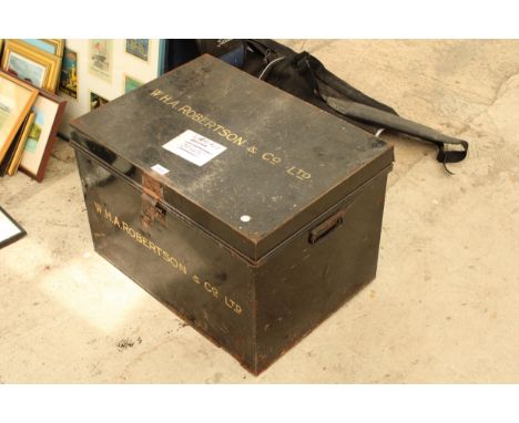 A LARGE METAL STORAGE TRUNK BEARING THE NAME W.H.A ROBERTSON &amp; CO LTD