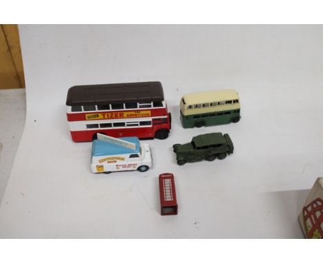 THREE VINTAGE DINKY TOYS TO INCLUDE A DOUBLE DECKER BUS, A MILITARY 6 WHEELED RECONNAISSANCE CAR, A TELEPHONE BOX, A CORGI LO