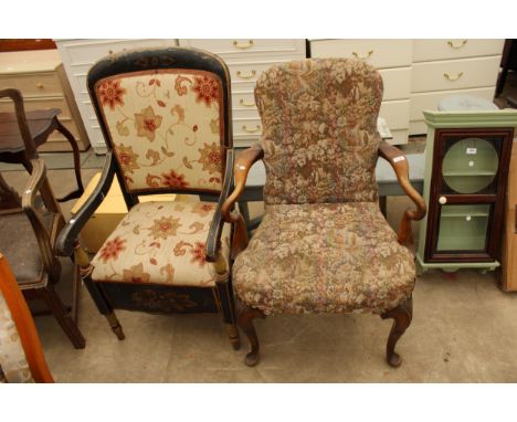 AN EARLY 20TH CENTURY ELBOW CHAIR ON CABRIOLE LEGS AND A PAINTED FORMER COMMODE CHAIR