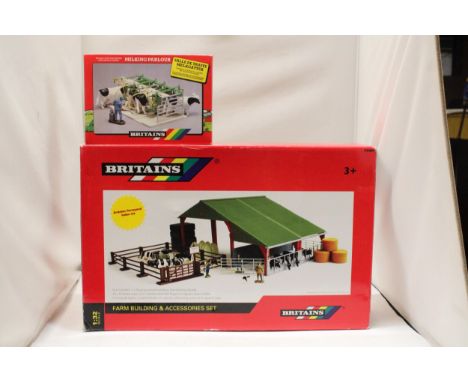A BRITAINS 1:32 SCALE FARM BUILDINGS AND ACCESSORIES SET PLUS A MILKING PARLOUR - BOTH AS NEW IN BOXES