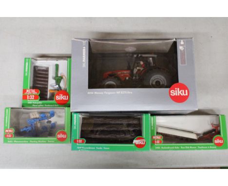 FIVE SIKU 1:32 SCALE FARM MODELS TO INCLUDE A MASSEY FERGUSON MF 8270 XTRA, A PLANTING MACHINE, A WOOD SPLITTER, LOGS AND A R