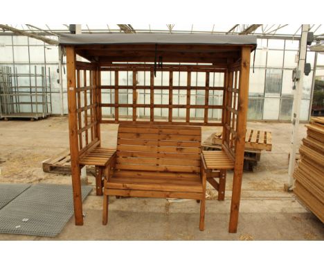 AN AS NEW EX DISPLAY CHARLES TAYLOR GARDEN ARBOUR WITH TWO SEATER BENCH AND CANOPY