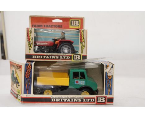 TWO VINTAGE BRITAINS MODELS TO INCLUDE A MASSEY-FERFUSON TRACTOR, CATALOGUE NUMBER 9520 PLUS A UNIMOG TRACTOR LORRY, CATALOGU