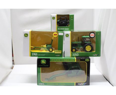 THREE BRITAINS 1:32 SCALE JOHN DEERE MODELS TO INCLUDE A 3350 TRACTOR, A MOWER CONDITIONER, A TRAILED FORAGE HARVESTER AND A 