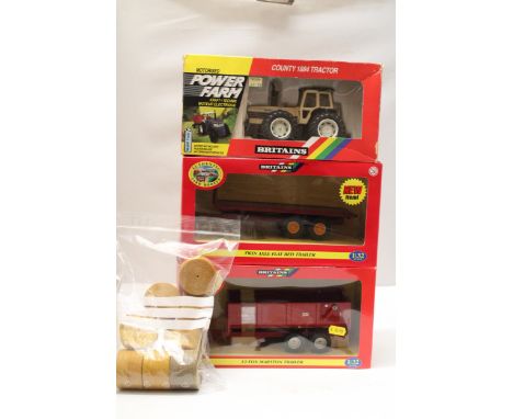 THREE BRITAINS 1:32 SCALE MODELS TO INCLUDE A MOTORISED COUNTY 1884 TRACTOR, A TWIN AXLE FLAT BED TRAILER, A 12 TON MARSTON T