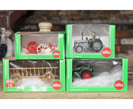 FOUR SIKU 1:32 SCALE FARM MODELS TO INCLUDE A MASSEY FERGUSON TE TRACTOR, A FENDT DIESELROSS F 28 TRACTOR, A CART AND A POTAT