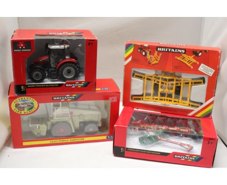 FOUR BRITAINS 1:32 SCALE MODELS TO INCLUDE A MASSEY FERGUSON 5613 TRACTOR, A CLAAS FORAGE HARVESTER, A KVERNELAND PLOUGH AND 