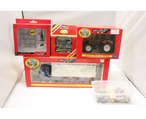 TWO BRITAINS 1:32 SCALE MODELS TO INCLUDE A FORD ANIMAL TRANSPORTER, A RENAULT CERGOS 340 TRACTOR, PLUS A FARM SET WITH FENCE