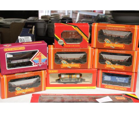 EIGHT HORNBY OO GAUGE MODEL ROLLING STOCK TO INCLUDE BR VENTILATED VAN, FOUR MERRY-GO-ROUND HOPPER WAGONS, BRITISH STEEL OPEN