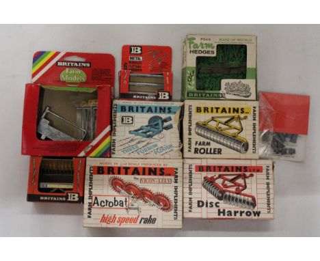 NINE BRITAINS VINTAGE FARM ACCESSORY MODELS TO INCLUDE 1960'S AND 1970'S, ACROBAT HIGH SPEED RAKE, FARM ROLLER, DISC HARROW, 