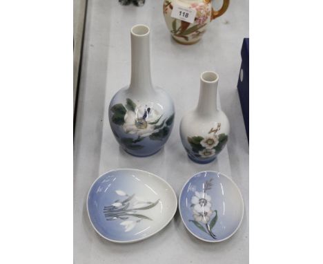FOUR ROYAL COPENHAGE CERAMICS TO INCLUDE TWO VASES AND TWO TRINKET DISHES