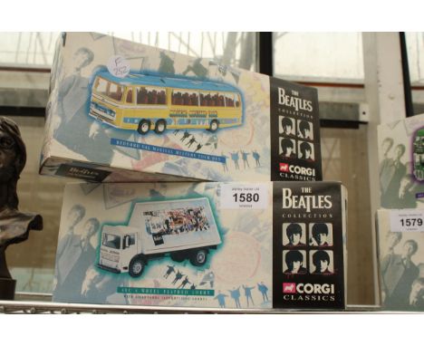 TWO BEATLES BOXED CORGI CLASSICS VEHICLES TO INCLUDE A BEDFORD VAL MAGICAL MYSTERY TOUR BUS AND AN AEC 4 WHEEL FLATBED LORRY