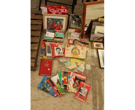 AN ASSORTMENT OF LIVERPOOL FC MEMORABILIA TO IONCLUDE PROGRAMMES, SCARVES AND TICKET BOOKS ETC