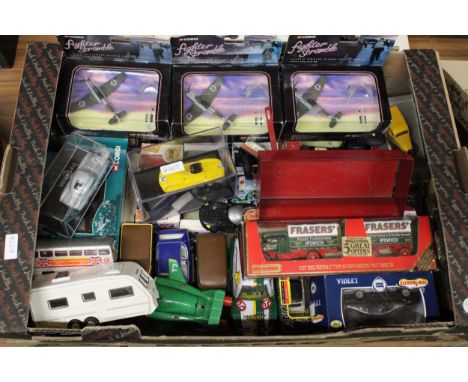 A LARGE COLLECTION OF VEHICLES - SOME AS NEW IN BOXES - TO INCLUDE SIX CORGI FIGHTER SCRAMBLE MILITARY PLANES, THUNDERBIRDS 2