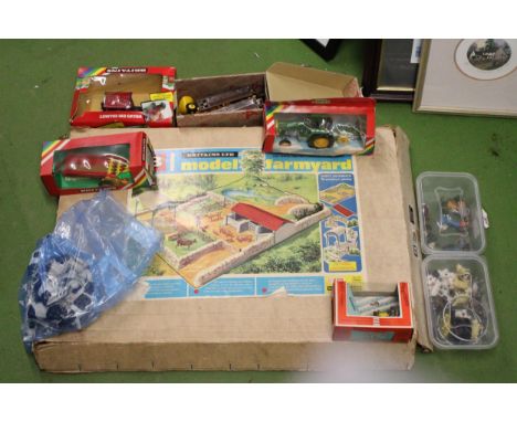 A LARGE QUANTITY OF VINTAGE BRITAINS FARM MODELS AND VEHICLES TO INCLUDE A MODEL FARMYARD, CODE 4711, A TRACTOR AND PLOUGH, C