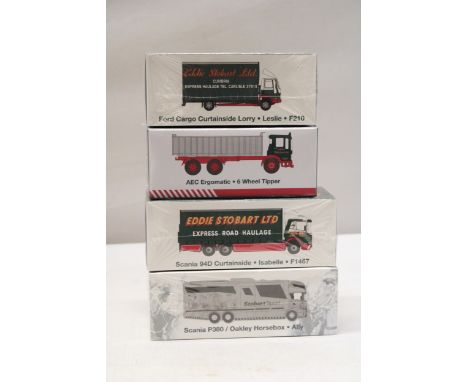 FOUR ATLAS EDITIONS EDDIE STOBART SPECIAL EDITION COLLECTOR'S MODELS 1/76 SCALE TO INCLUDE, SCANIA OAKLEY HORSEBOX, SCANIA CU