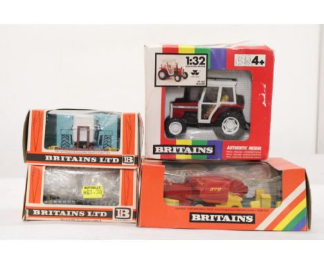 FOUR VINTAGE BRITAINS FARM MACHINES TO INCLUDE A MASSEY FERGUSON MF 363 TRACTOR, A DISC HARROW, A CROP SPRAY AND A HAY BALER 