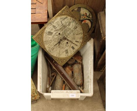 A BRASS EIGHT DAY LONGCASE CLOCK FACE, PATTISON, HALFIX AND FOUR VARIOUS WEIGHTS