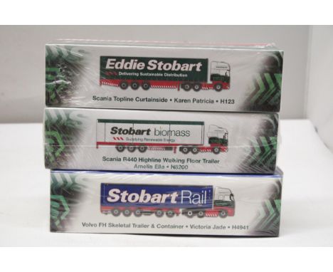 THREE ATLAS EDITIONS EDDIE STOBART SPECIAL EDITION COLLECTOR'S MODELS 1/76 SCALE TO INCLUDE, A SCANIA TOPLINE CURTAINSIDE, SC