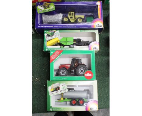 FOUR SIKU 1:32 SCALE FARM MODELS TO INCLUDE A MASSEY FERGUSON MF 8280 XTRA TRACTOR, A DEUTZ BALER, A MANURE SPREADER AND AN M