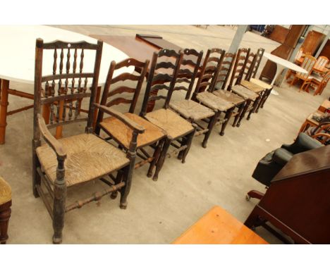 EIGHT VARIOUS ELM LADDER BACK COUNTRY CHAIRS AND ONE CARVER CHAIR WITH SPINDLE BACK