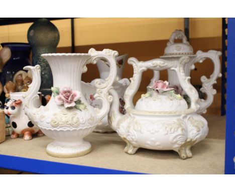 THREE CAPODIMONTE PIECES TO INCLUDE A COFFEE POT, WATER JUG AND TEAPOT PLUS A PLANTER WITH BIRD DECORATION AND A FLORAL VASE