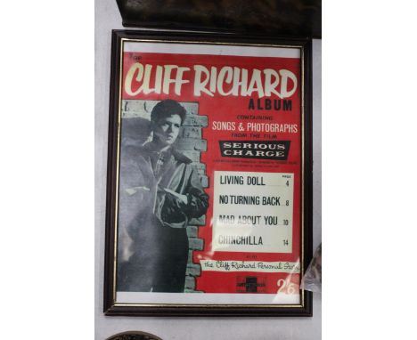 A VINTAGE CLIFF RICHARD FRAMED AND GLAZED POSTER