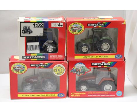 FOUR BRITAINS 1:32 SCALE MODELS TO INCLUDE A MASSEY FERGUSON 6140 TRACTOR, A FORD 2120 TRACTOR, A DEUTZ DX 4.57 TRACTOR AND A